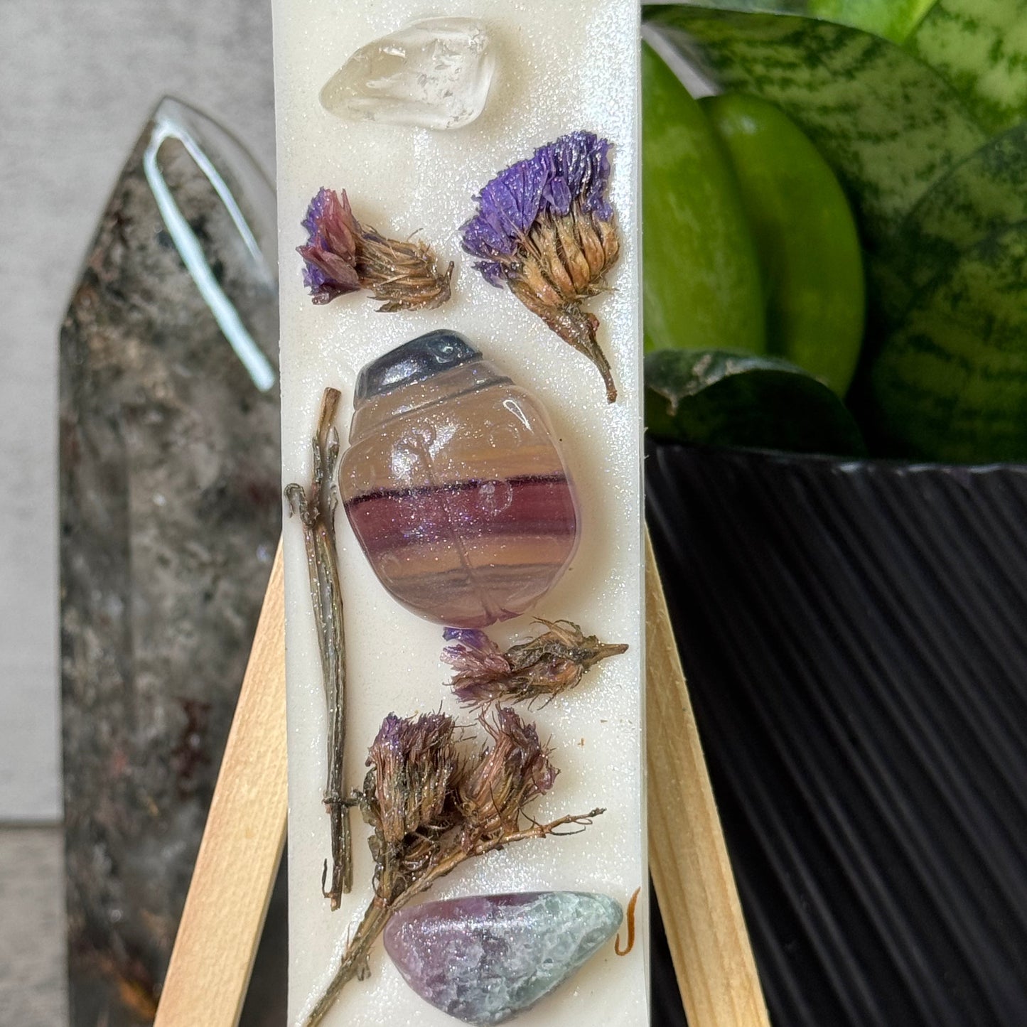 Decorative soap bar with natural elements on a stand, with a plant in the background.