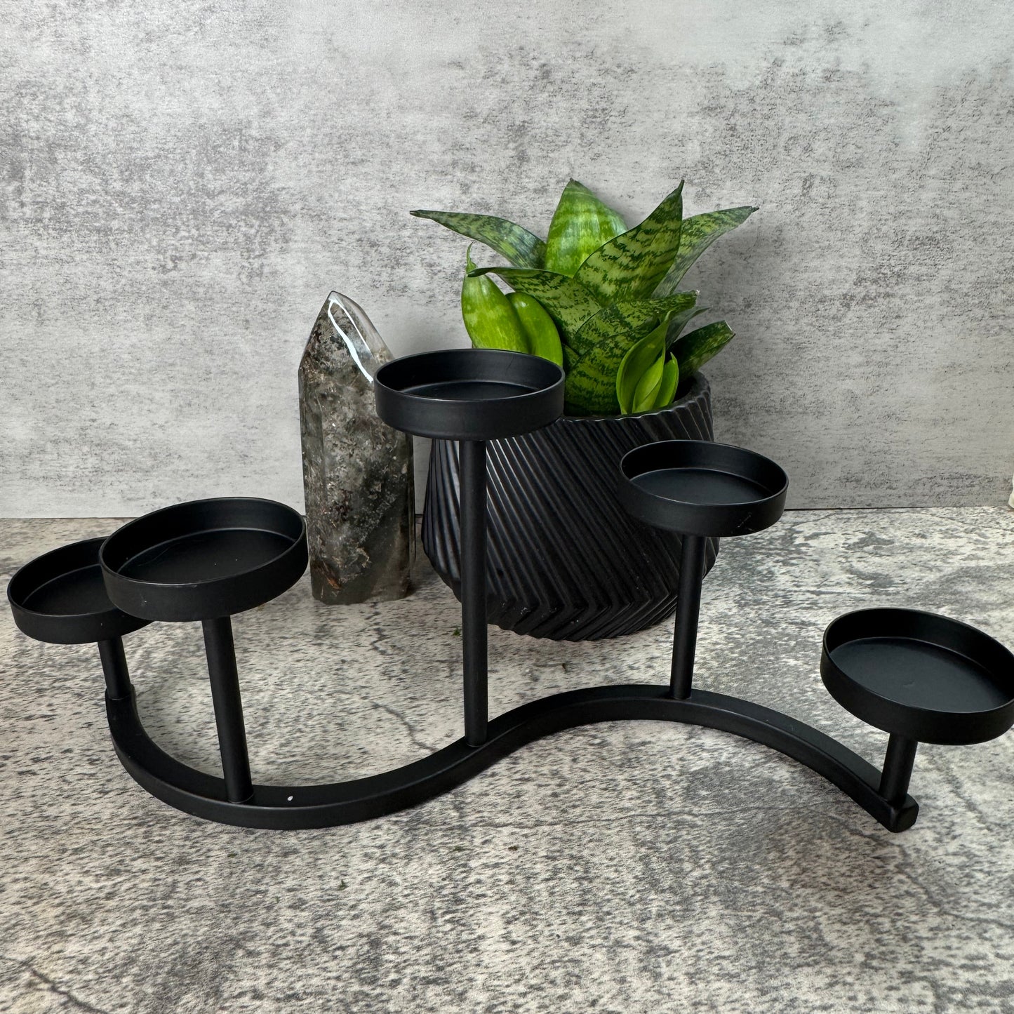 Black metal plant stand with a potted plant on a concrete surface