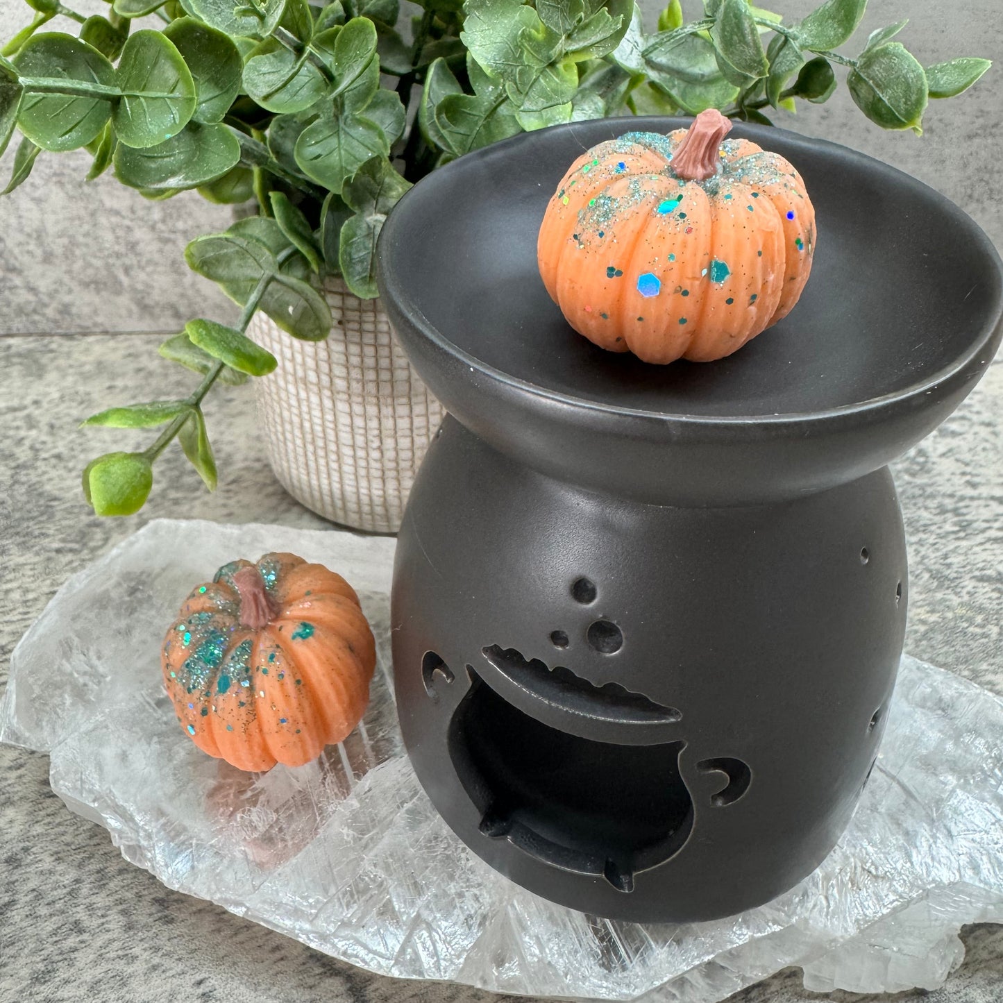 Decorative black pot with small orange pumpkins on a textured surface with green leaves.