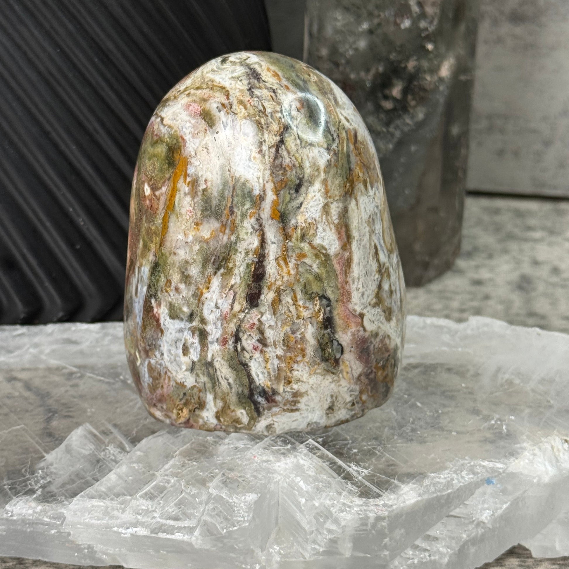 Decorative stone with a textured surface on a blurred background