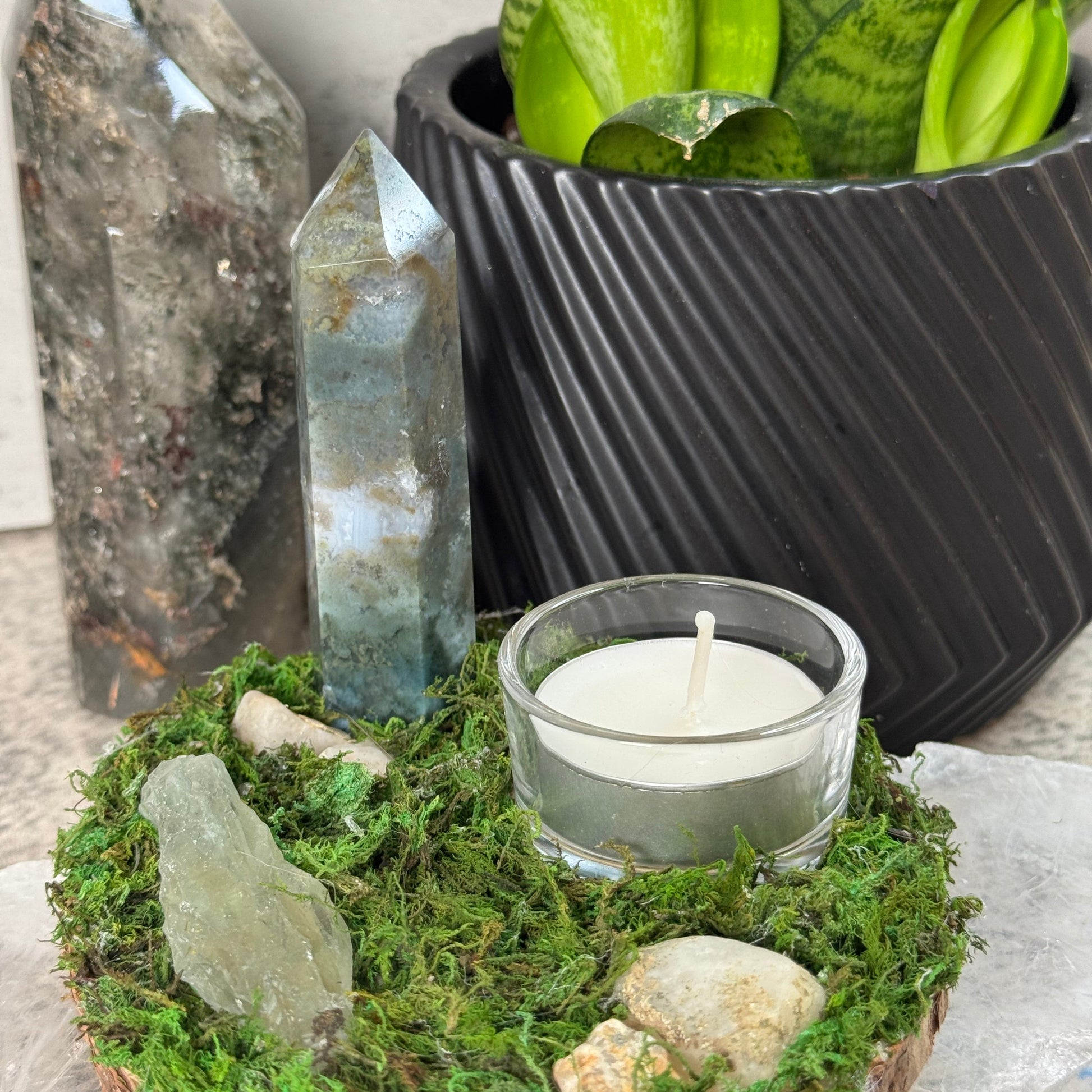 Moss tray with crystal, candle, and plant on a neutral background