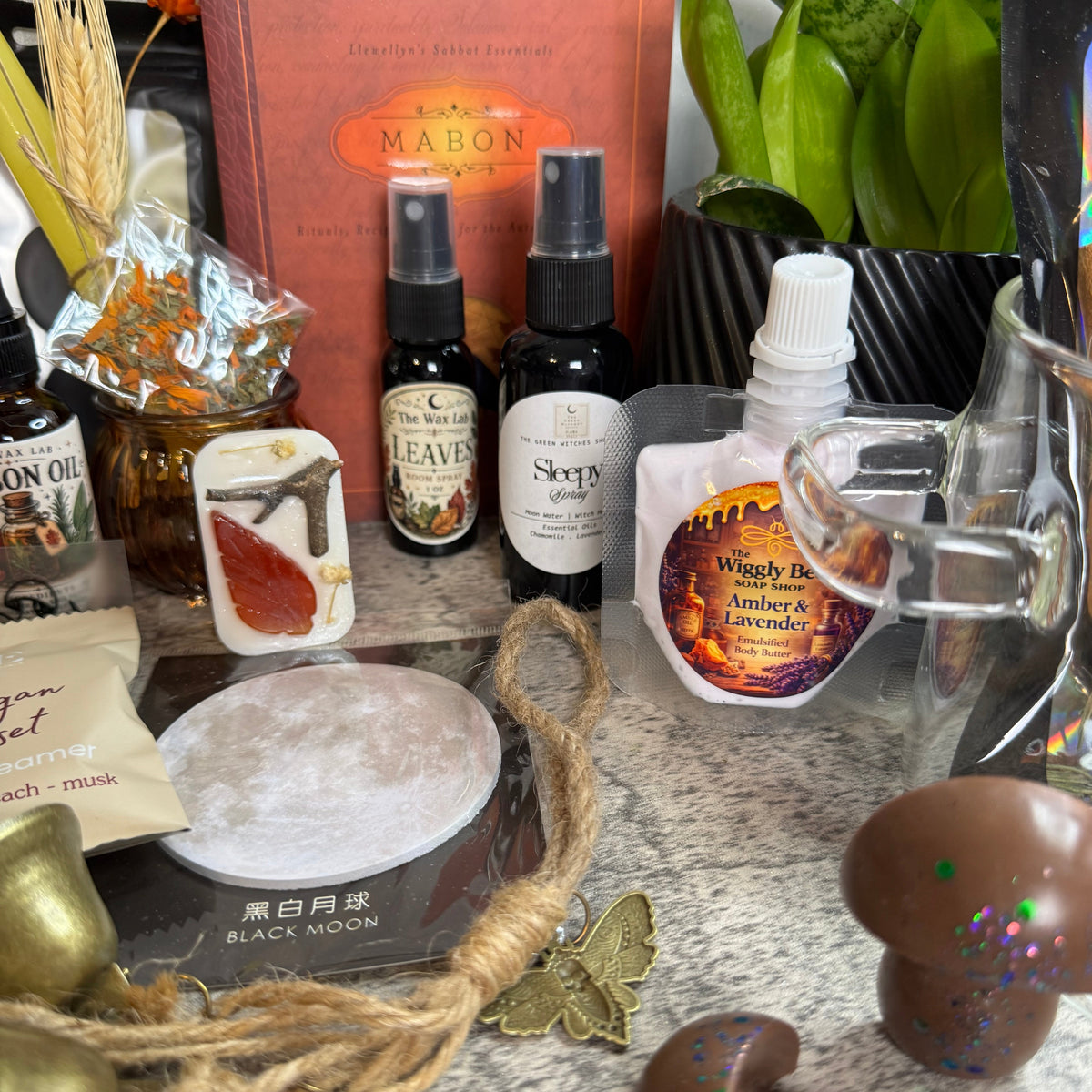 A styled tabletop arrangement of various mystical and herbal-themed products, including a red Mabon book, small amber bottles, a white bottle with a butterfly label, a tin of black moon salve, and decorative brown mushroom props on a textured gray surface.