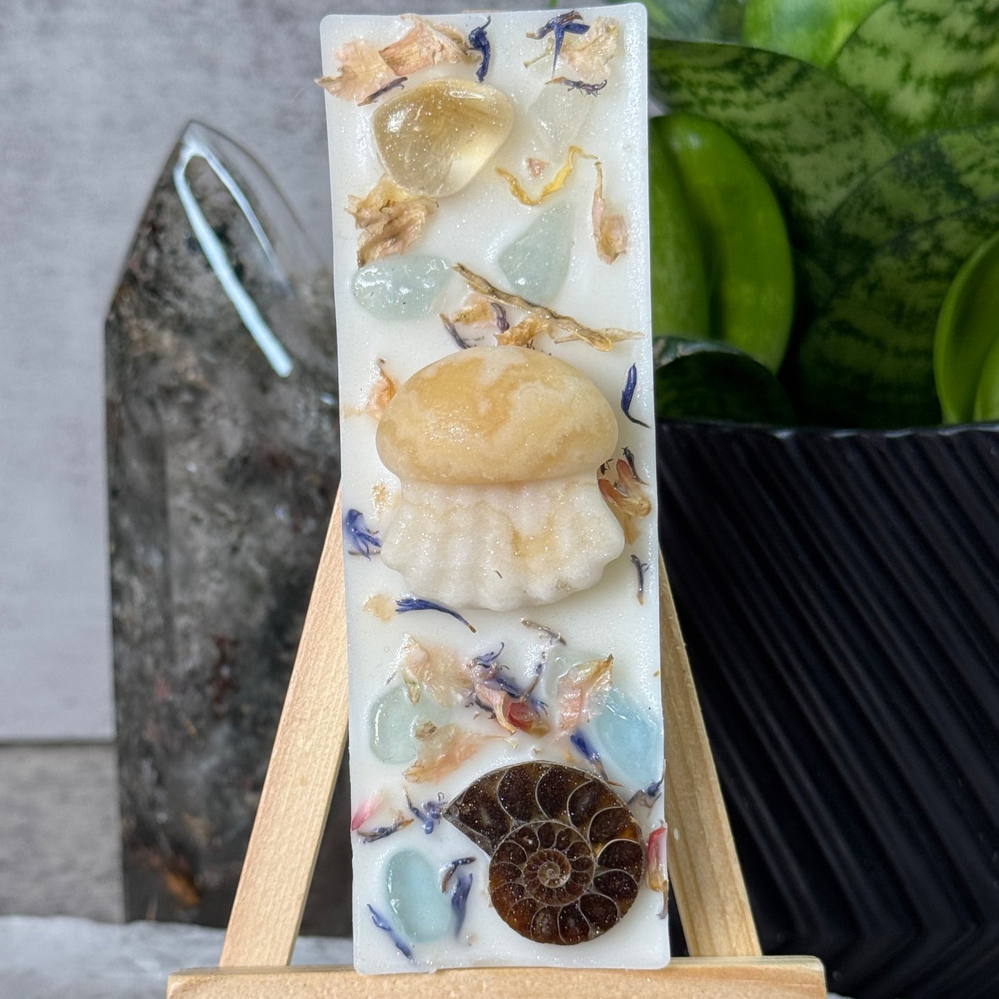 Decorative soap bar with seashell and ammonite design on a stand.