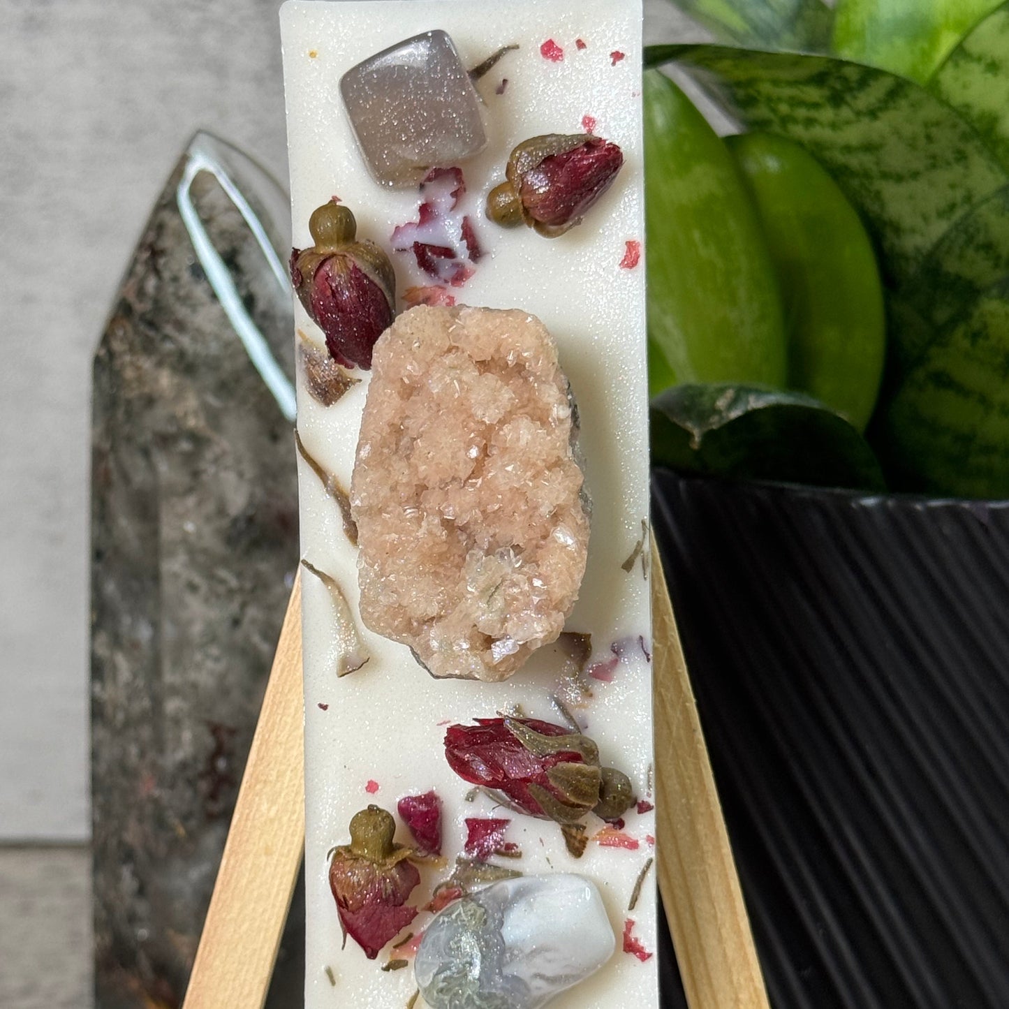 Decorative soap bar with natural elements on a stand, with a plant in the background.
