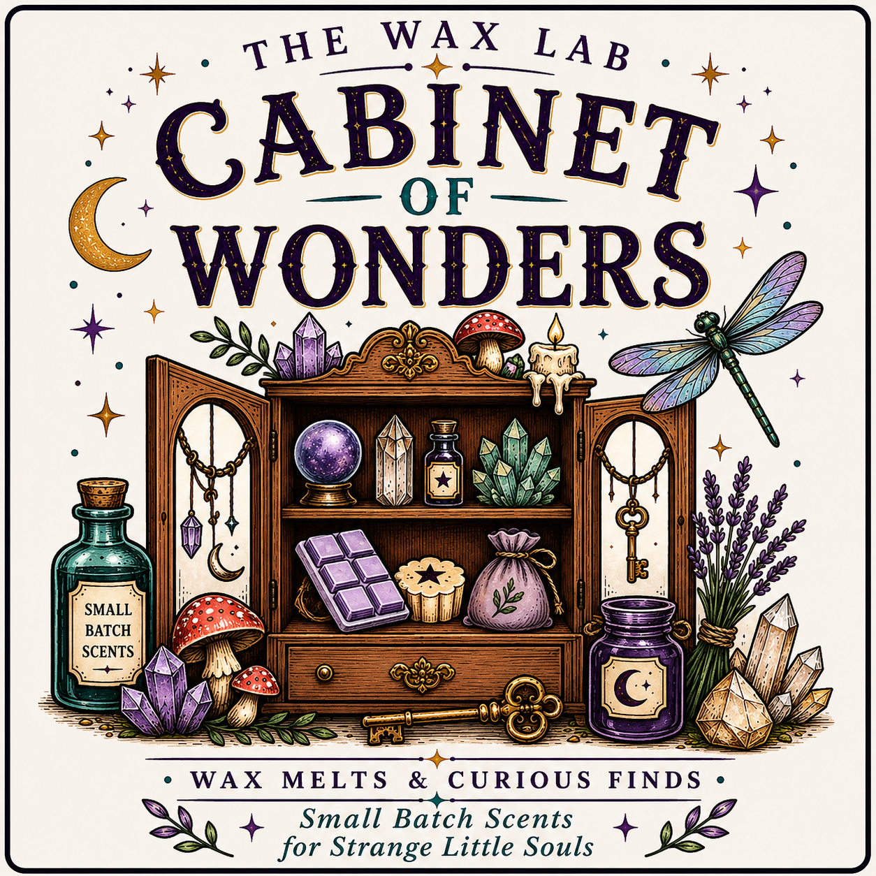 Illustrated book cover for 'The Wax Lab Cabinet of Wonders' featuring a wooden cabinet filled with occult and scent-themed items like crystals, a dragonfly, a moon jar, lavender, and a small bottle labeled 'Small Batch Scents' on a cream background.