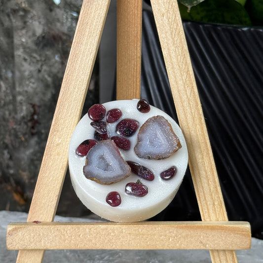 Decorative soap with geode design on a wooden stand
