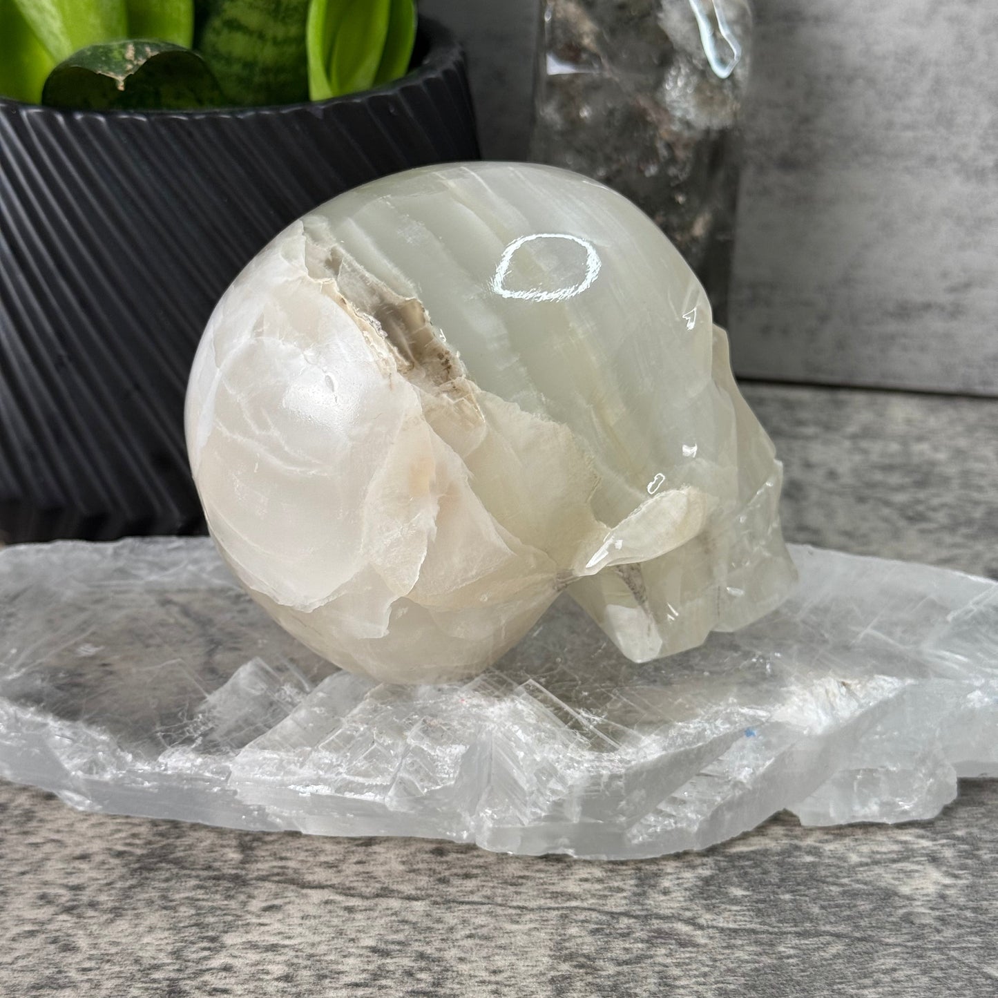 White marble sphere on a gray surface with green leaves in the background