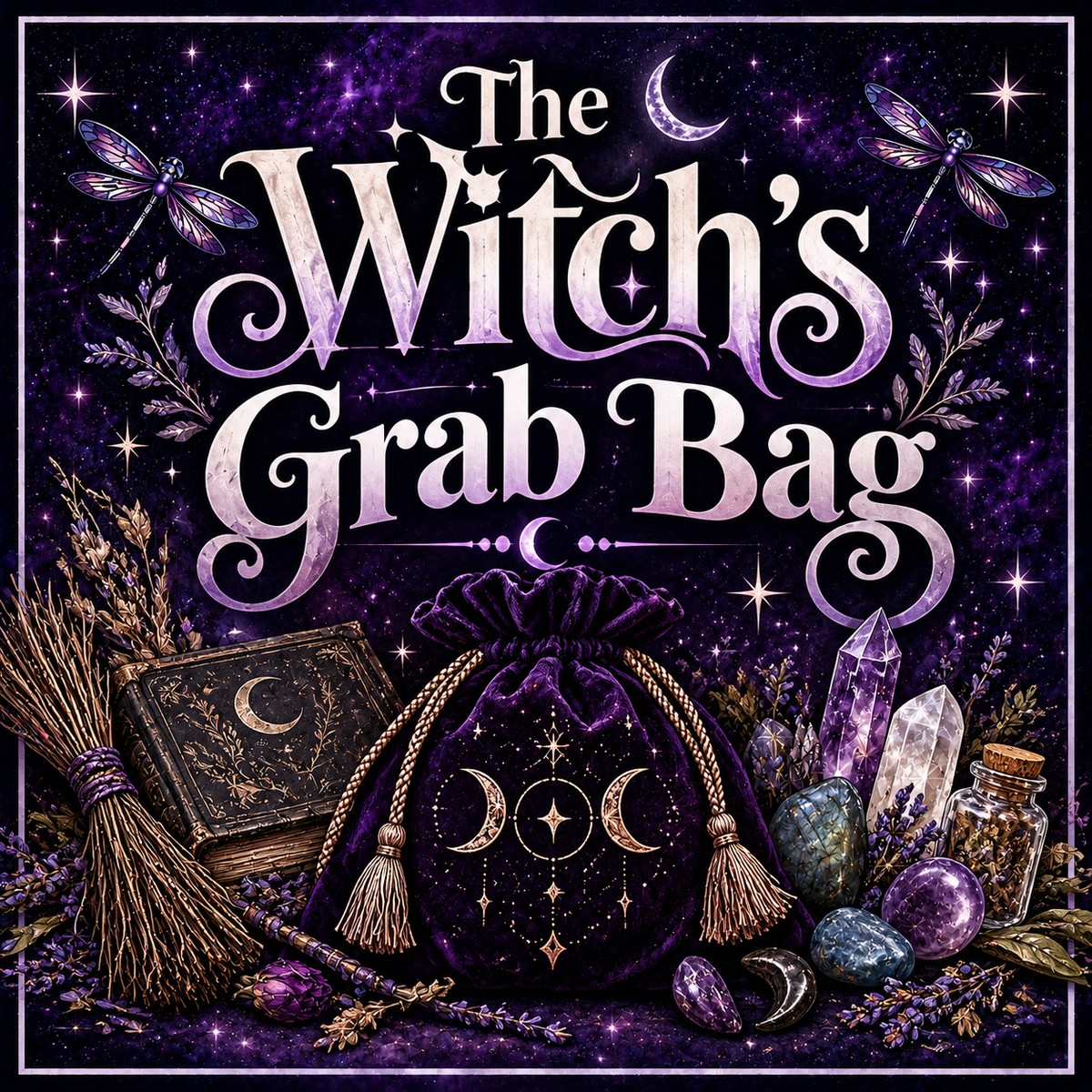 A stylized promotional graphic for 'The Witch's Grab Bag' featuring a purple velvet drawstring pouch with moon and star symbols, surrounded by witchy props including a broom, tarot card, crystals, a small bottle, and dried lavender on a starry purple background.