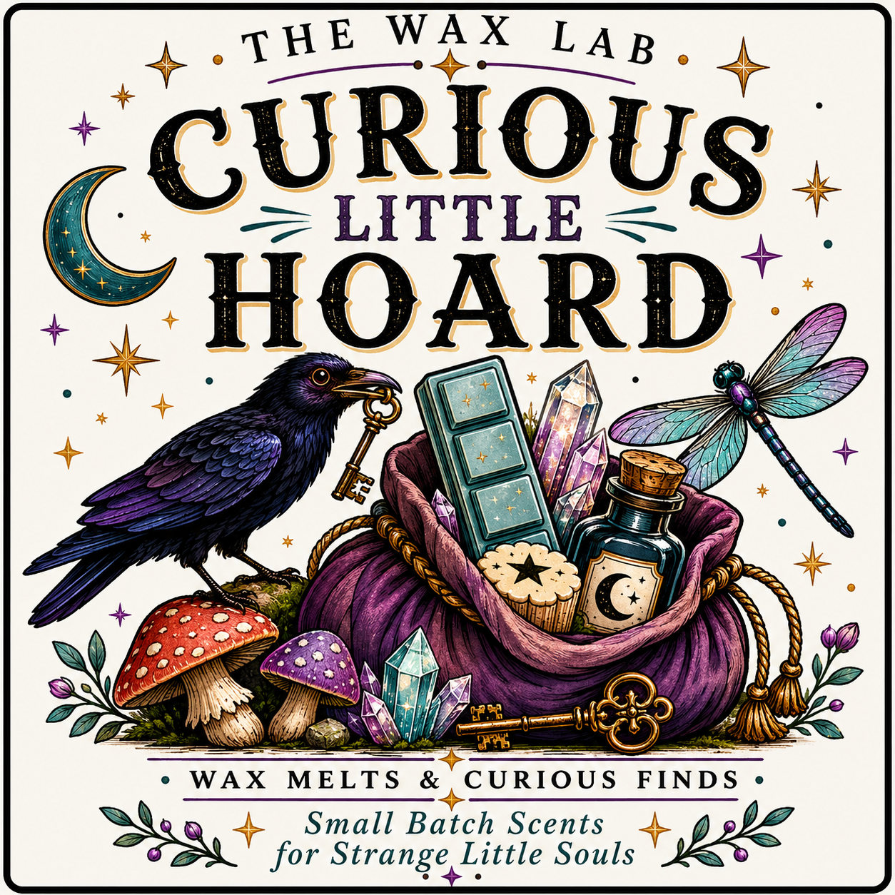 Illustrated book or box cover for 'The Wax Lab: Curious Little Hoard' showing a raven holding a key beside a purple sack filled with wax melts, crystals, a bottle, and a dragonfly on a cream background.