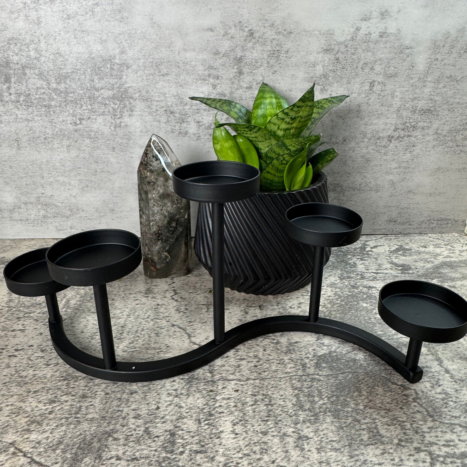 Black metal plant stand with a potted plant on a concrete surface