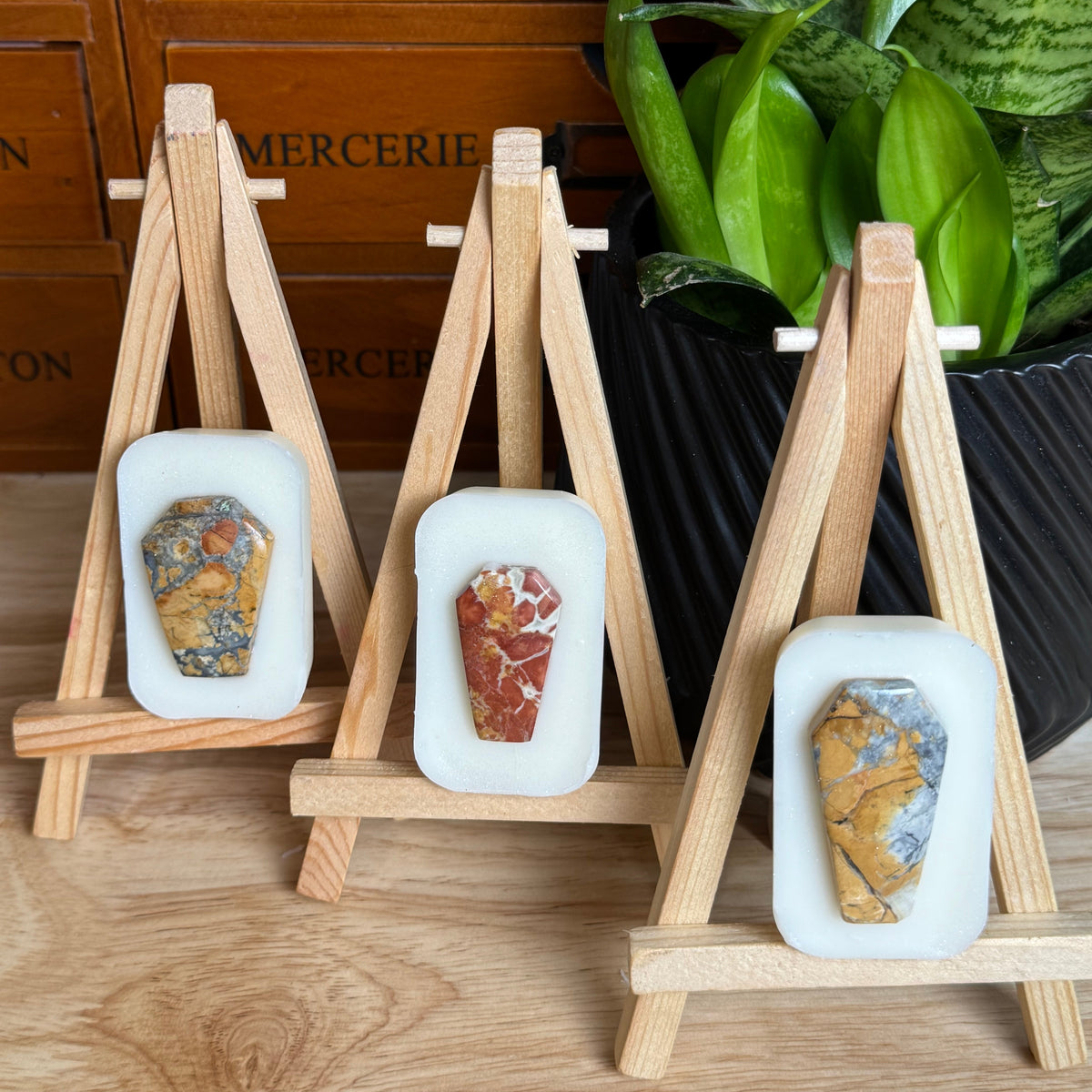 Three small wooden display easels holding rectangular white holders with polished stone pieces, arranged on a wooden surface in front of a brown drawer cabinet and a green potted plant.