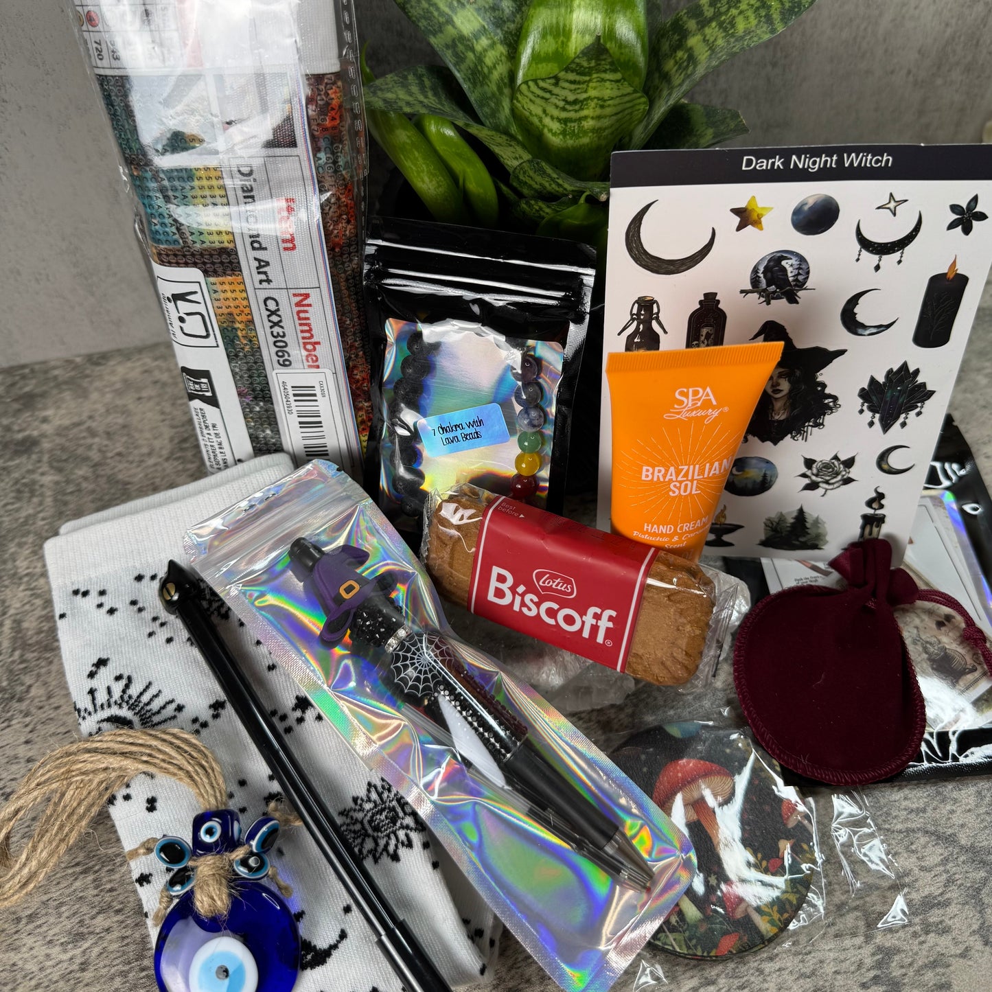 Collection of items including a plant, snacks, and stationery on a gray surface.