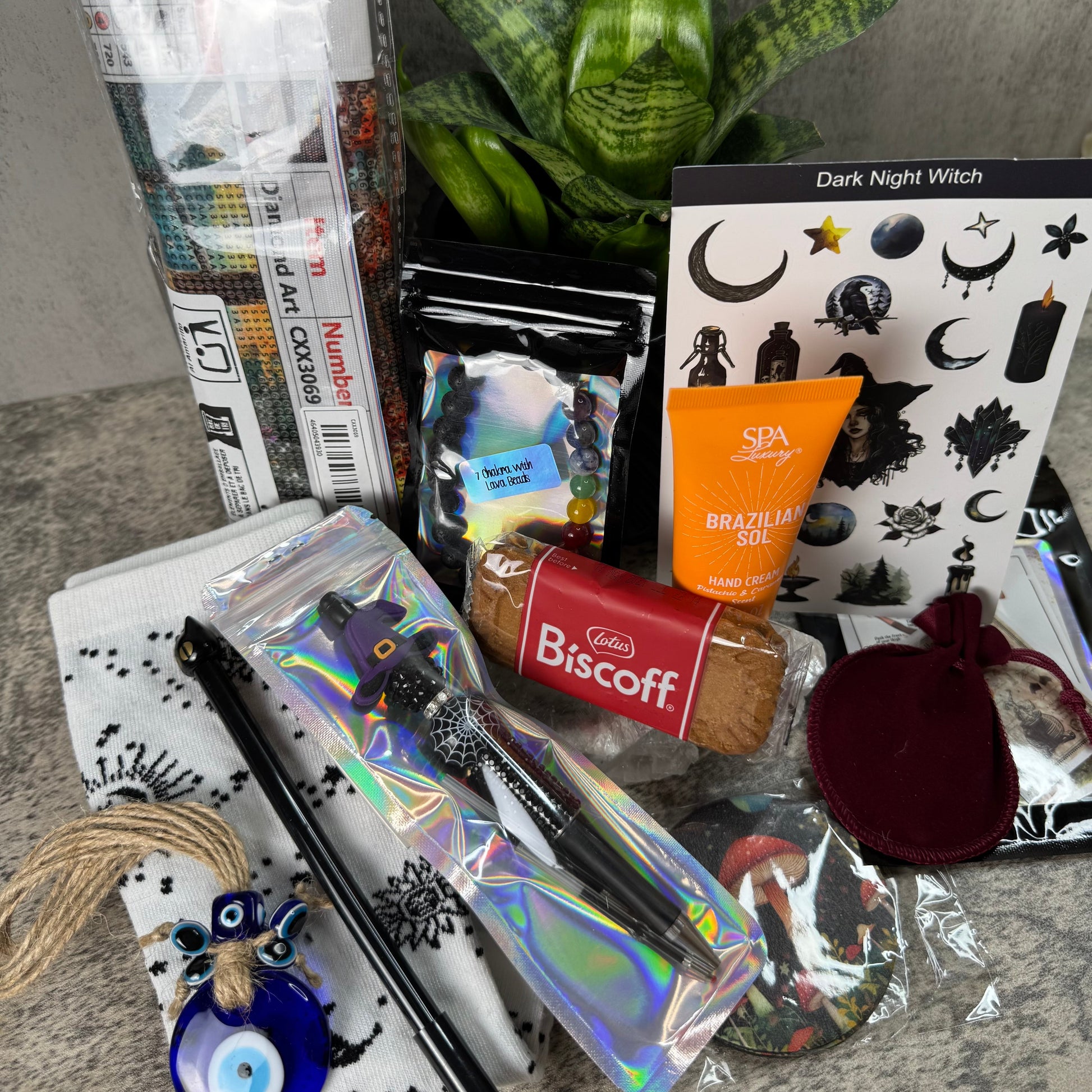 Collection of items including a plant, snacks, and stationery on a gray surface.
