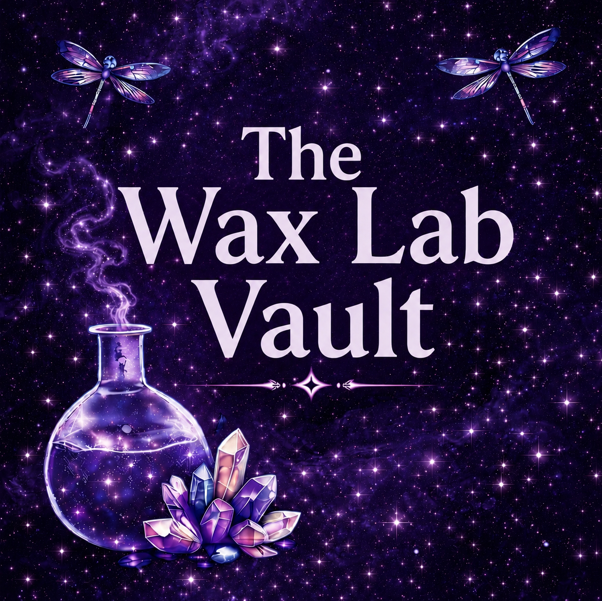 A square graphic with the text 'The Wax Lab Vault' in large white serif letters over a dark purple starry background. A glowing purple potion bottle with steam and a cluster of pink, purple, and blue crystals appear at the lower left, with two dragonflies near the top corners.