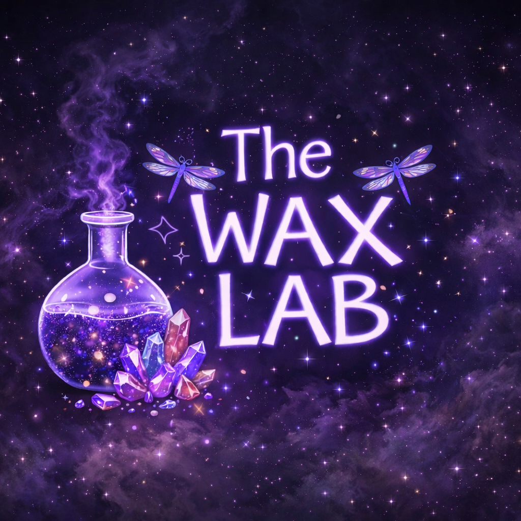 Logo of The Wax Lab with a mystical design featuring a potion bottle and dragonflies against a starry night sky.