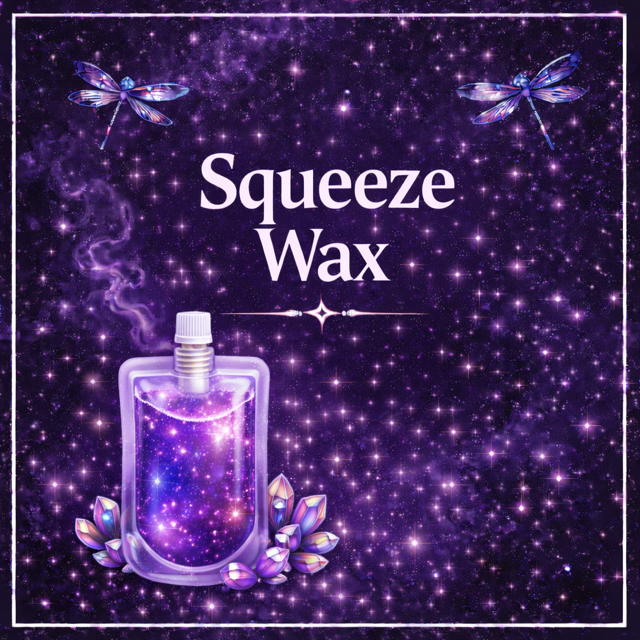 Squeeze Wax product with a purple background and decorative elements